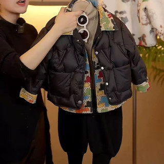 儿童假两件棉服2025新款冬季男童卡通棉衣女童加厚保暖棉服外套
