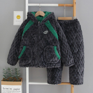 儿童睡衣男童冬季加厚款珊瑚绒三层夹棉连帽法兰绒拉链家居服套装