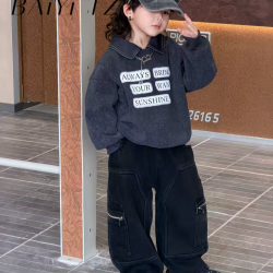 新款男童韩版翻领宽松加厚印花卫衣宝宝洋气潮流牛仔裤酷帅潮