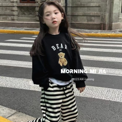 女童套装2024春秋新款洋气小熊字母印花卫衣休闲阔腿裤长袖两件套