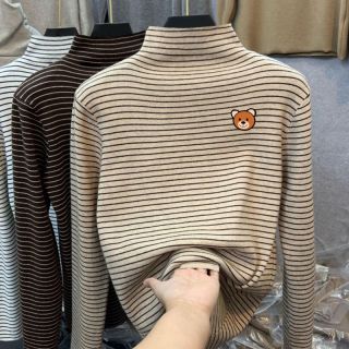 男女童条纹半高领打底衫秋冬德绒磨毛中大童长袖t恤儿童保暖上衣