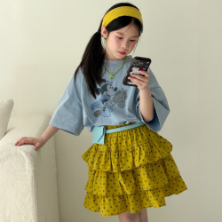 2026夏季新款女童休闲甜美卡通短袖棉T恤波点蛋糕裙层半身裙套装