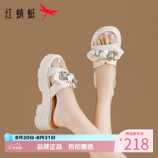 红蜻蜓 女士水钻蝴蝶结拖鞋 夏季外穿一字拖厚底凉鞋子百搭休闲半拖凉鞋