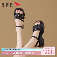 红蜻蜓 女鞋珍珠绑带凉鞋 夏季轻便一字扣带凉鞋休闲百搭女士罗马凉鞋子
