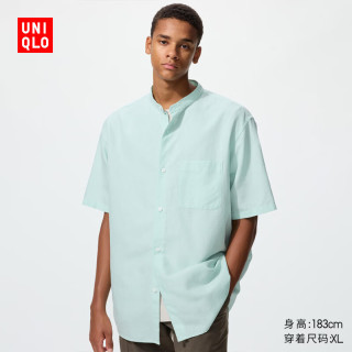 优衣库 棉麻立领衬衫/短袖男装女装衬衣482485 50 浅绿色 2XL