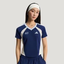 adidas 足球风休闲运动V领短袖V领T恤