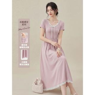 美丽衣橱 法式温柔风藕粉仙女裙夏季蕾丝花领蝴蝶结软糯弹力舒适垂感连衣裙