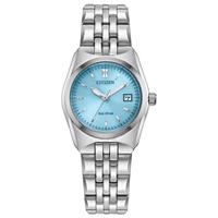 CITIZEN 女士手表日韩表日历显示防水100米光动能钢带日常佩戴商务通勤 Light Blue 8 3/4 INCHES