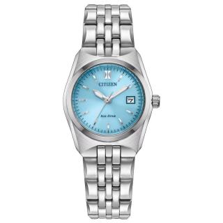 CITIZEN 女士手表日韩表日历显示防水100米光动能钢带日常佩戴商务通勤 Light Blue 8 3/4 INCHES