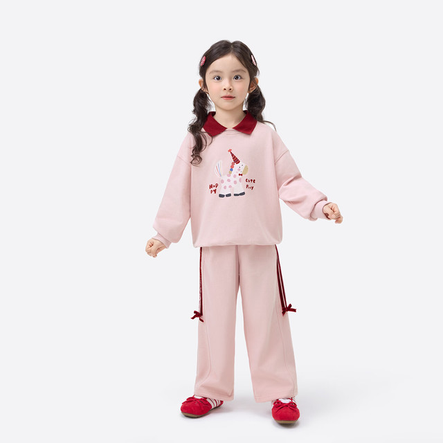 小茵曼 童装女童休闲套装小马印花26年秋季中小童可爱卫衣裤子两件套 粉色 130