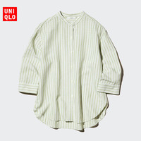 优衣库 麻混纺条纹立领衬衫/七分袖优衣库女装/通勤衬衣483874