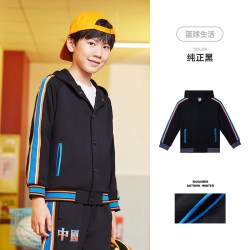 准者 儿童连帽外套2025新款男女学生篮球运动开襟纽扣针织撞色上衣