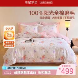 水星家纺 A类抑菌全棉磨毛四件套纯棉秋冬保暖床单枕套被罩套件 花园·春日絮语四件套1.2米床