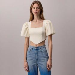 ZARA 女式时髦泡泡袖性感露腰隐形侧拉链方领短袖T
