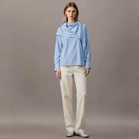 ZARA 女式经典蓝白细条纹圆领宽松后扣设计清爽休闲百搭衬衫