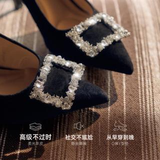 千百度 羊皮细高跟鞋女法式尖头26夏新款时装后空凉鞋宴会