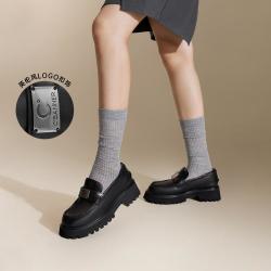 千百度 软柔型走季真皮女鞋百搭显瘦制服鞋增高小皮鞋