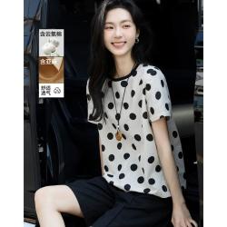 德玛纳 夏季复古都市撞色圆领波点印花宽松显瘦衬衫女高级
