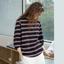 a02 条纹宽松七分袖上衣2026春季百搭休闲女式T恤
