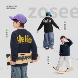 ZOSEE 童装男童卫衣春秋装2026新款儿童长袖T恤男孩潮酷字母套头衫 黑色 110 cm