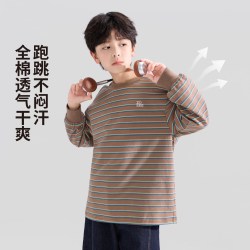 ZOSEE 童装男童条纹T恤长袖儿童打底衫2026新款男孩大童秋装上衣潮 咖色 110 cm