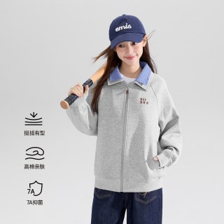 ZOSEE 童装女童外套2026新款秋装儿童格纹衬衫领休闲学院风洋气上衣 浅花灰 120 cm