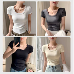 带胸垫瑜伽T恤女春夏季天丝凉感罩杯一体U领修身打底半袖-6602