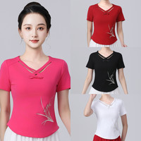 佳宝莉源 2025夏季广场舞服装新款运动刺绣短袖棉上衣吸汗跑步服WLZ显瘦