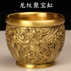 铜艺社手工龙纹黄铜满雕刻双龙缸摆件特大号龙缸居家摆件主人杯