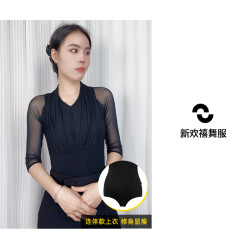 拉丁舞形体训练服新款网纱V领连体上衣修身舞蹈练功服
