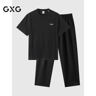 GXG 男装 25年夏季新品华夫格凉感肌理T恤短袖宽松西装裤通勤套装 单上装黑色 L