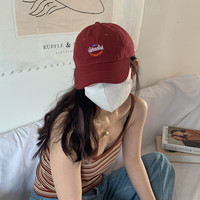 酒红色字母刺绣棒球帽美式复古休闲百搭帽子2026款网红款鸭舌帽