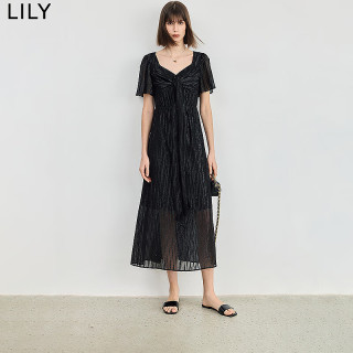 LILY 2024夏女装气质光泽感复古温柔方领垂坠感连衣裙小黑裙女 510黑 S