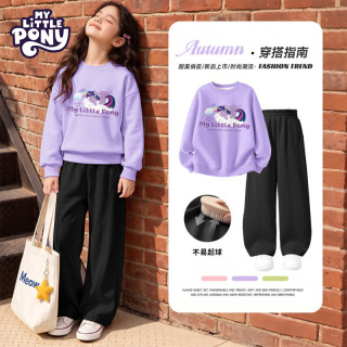 小马宝莉 女童秋装套装2026新款洋气卫衣弯刀裤两件套女孩时髦运动休闲衣服 U睡意紫悦紫色+纯色黑色 110