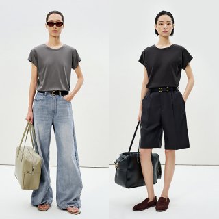 LESS 夏简约丝棉质圆领短款气质通勤上衣休闲短袖T恤女2P4110500