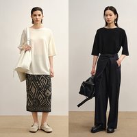 LESS 秋百搭休闲日常美丽诺绵羊毛宽松圆领中袖针织衫女2P7318000