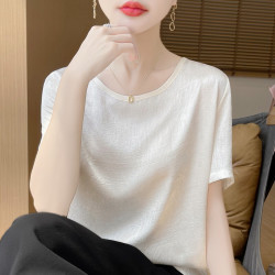 绒淼浩 轻奢风缎面短袖T恤女夏季新款高级感光泽肌理纹宽松显瘦正肩上衣