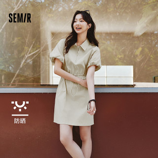 森马 防晒森马连衣裙女翻领灯笼袖休闲时尚新款夏收腰短裙通勤气质出游