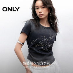 ONLY 夏季款渐变水洗吸睛水钻贴字显瘦抽褶纯棉短袖T恤女