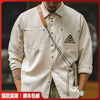 马登 工装 复古印第安图腾米白色长袖衬衫拼接口袋叠穿寸衣男秋夏