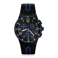 swatch 瑞士手表 黑蓝轻舟 三眼计时生日礼物石英时尚腕表 黑蓝轻舟 SUSB406 42mm