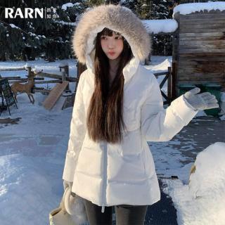 RA&RN 热爱如你90白鸭绒毛领羽绒服女冬中长款收腰显瘦保暖连帽外套