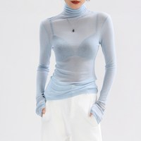 天猫 蓝色高领打底衫女高端轻奢高级感内搭修身长袖薄款微透堆堆领上衣