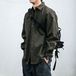 马登 日系复古工装衬衫男长袖韩版潮流宽松口袋衬衣青年百搭休闲外套潮