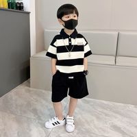 百亿补贴：麦科贝尔 男宝宝条纹短袖套装中小童2025夏季新款休闲时尚POLO衫短裤两件套