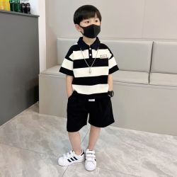 麦科贝尔 男宝宝条纹短袖套装中小童2025夏季新款休闲时尚POLO衫短裤两件套
