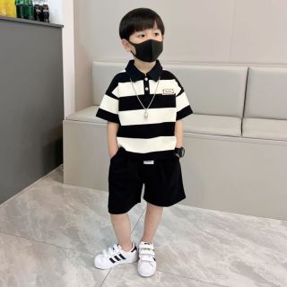 百亿补贴：麦科贝尔 男宝宝条纹短袖套装中小童2025夏季新款休闲时尚POLO衫短裤两件套