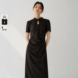 香影 新中式旗袍高级感轻抽褶设计水滴领镂空国风连衣裙女夏短袖修身女