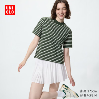 优衣库 AIRism棉混纺条纹T恤/短袖女装483537 59 墨绿色 M