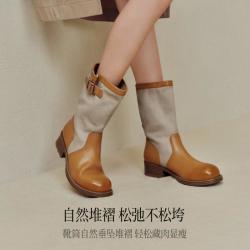 百丽 拼接撞色西部靴女2026冬新商场同款户外风休闲短靴